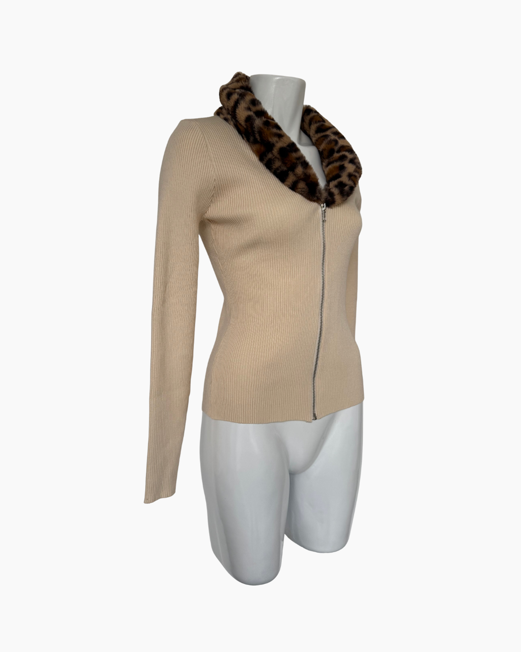 Cardigan de manga larga hueso con cuello de piel Amalfitana