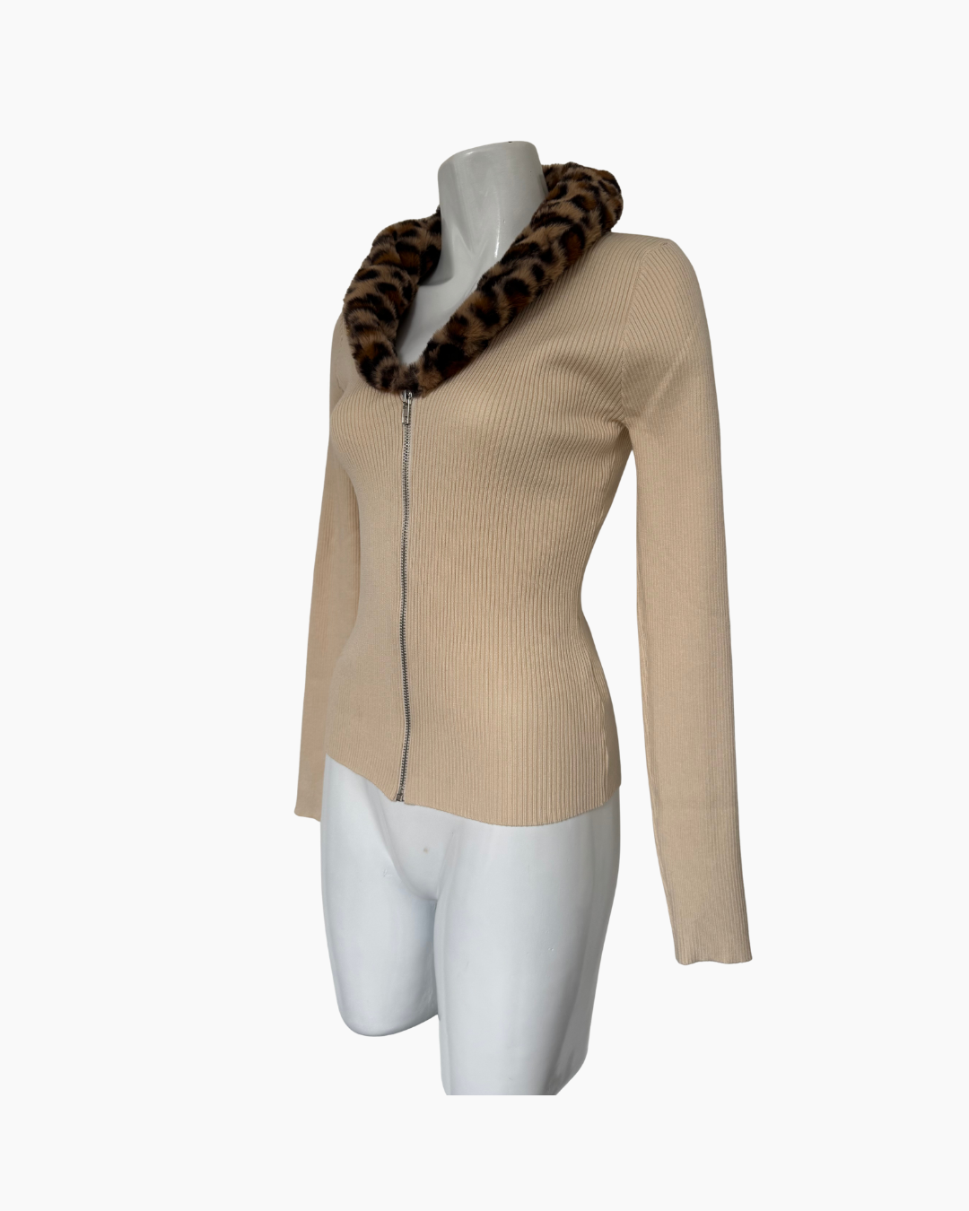 Cardigan de manga larga hueso con cuello de piel Amalfitana