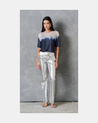 Pantalon metalizado cinturon plateado - Mango