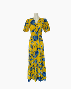 Maxiestido floreado manga corta azul y amarillo - Titi Lima