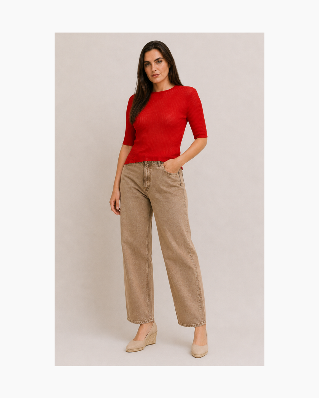 Top tejido de manga tres cuartos naranja Zara