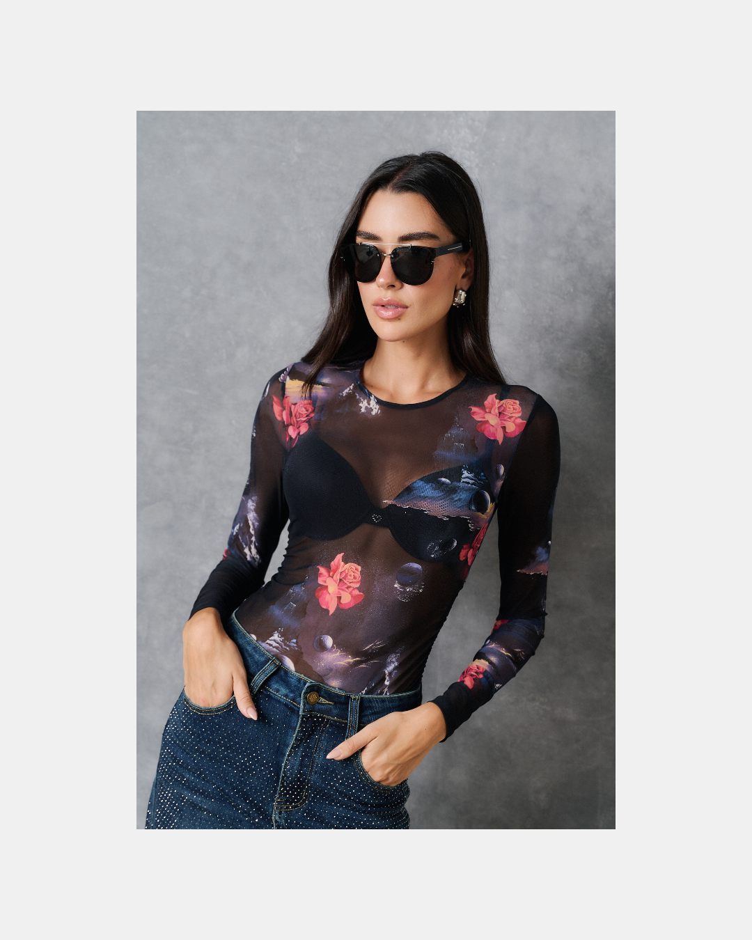 Top mesh manga larga floral - Ganni