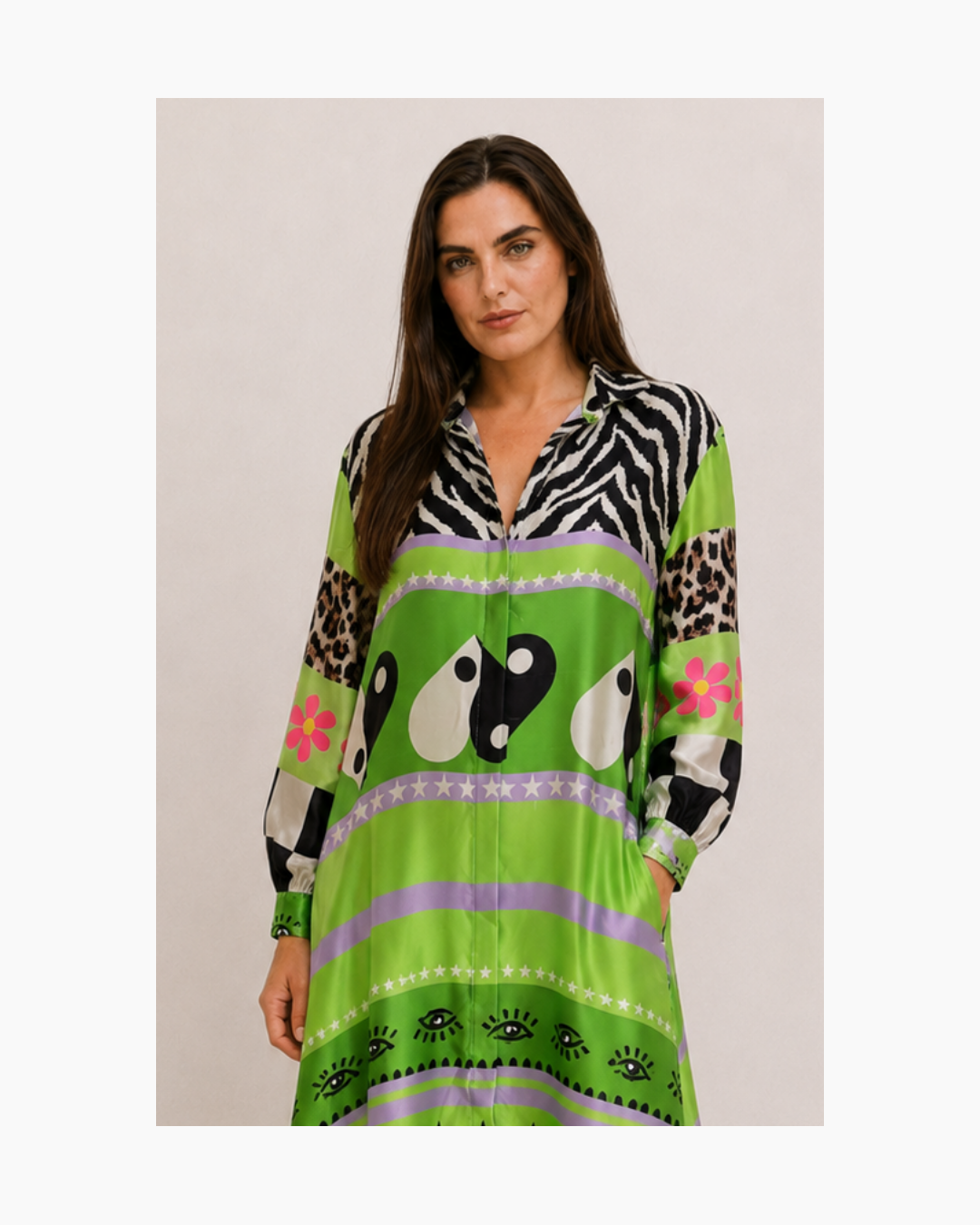 Maxivestido de seda de manga larga colorido